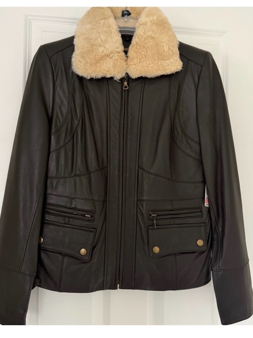 Womens Brown Leather Jacket with Cream Faux Fur Collar